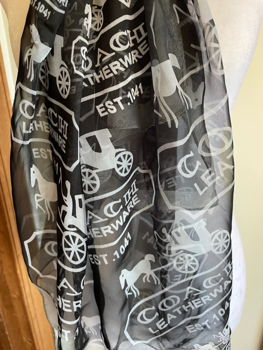 COACH Black and White Logo Horse & Carriage Print Silk Oblong Scarf